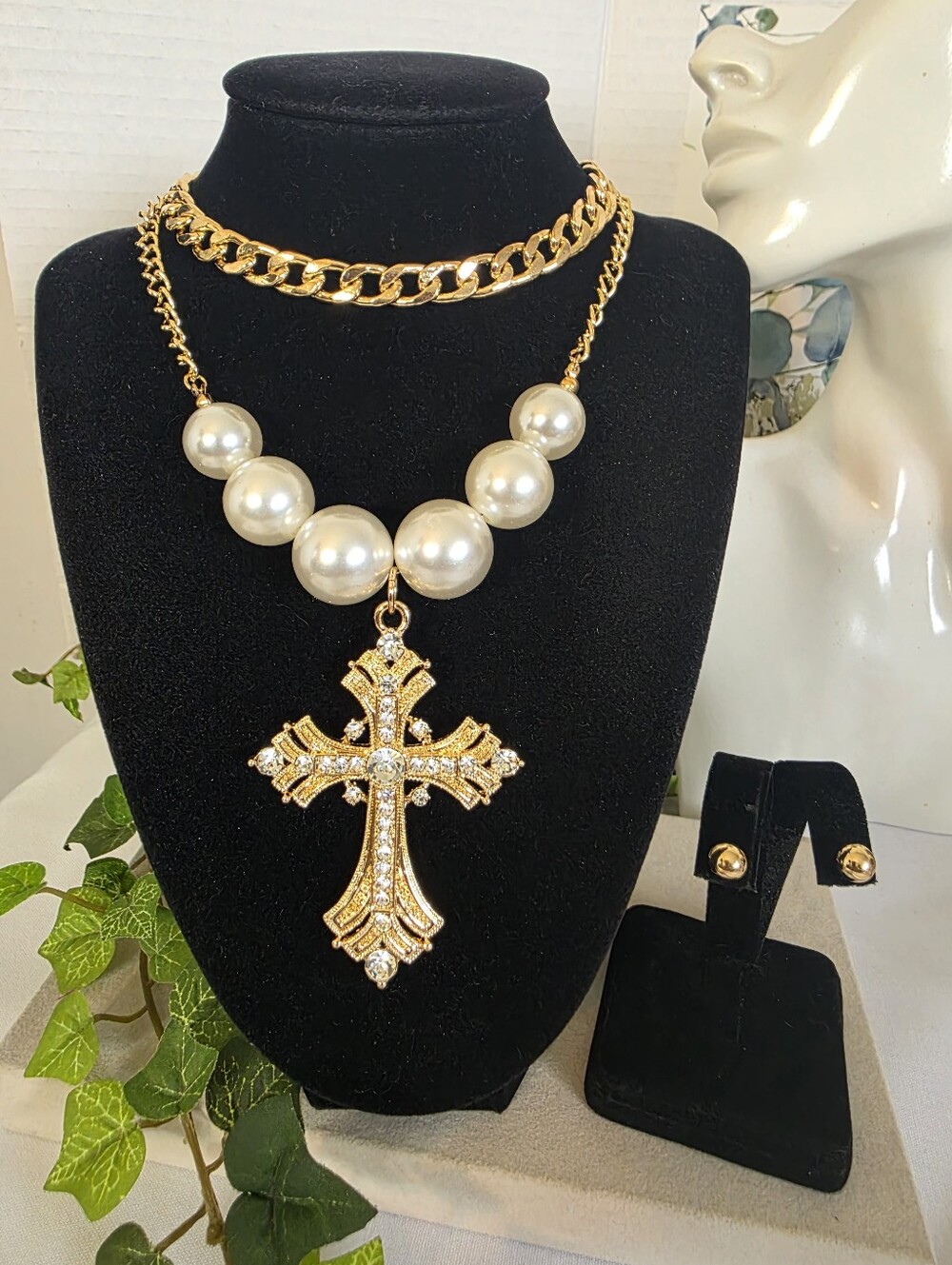 Gold Rhinestone Cross Pearl Layered Necklace Set Statement Pendant